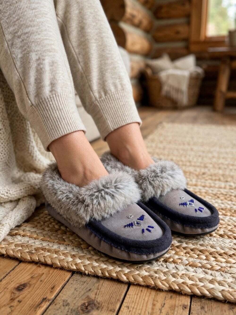 Laurentian Chief Beaded Moccasin Slippers Rabbit Fur Suede Grey | 8.5